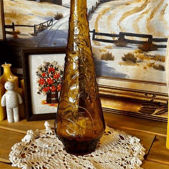 Vintage Amber Glass Italian Empoli Decanter - Grapes & Cherries Design - MCM Gen - Picture 2 of 9